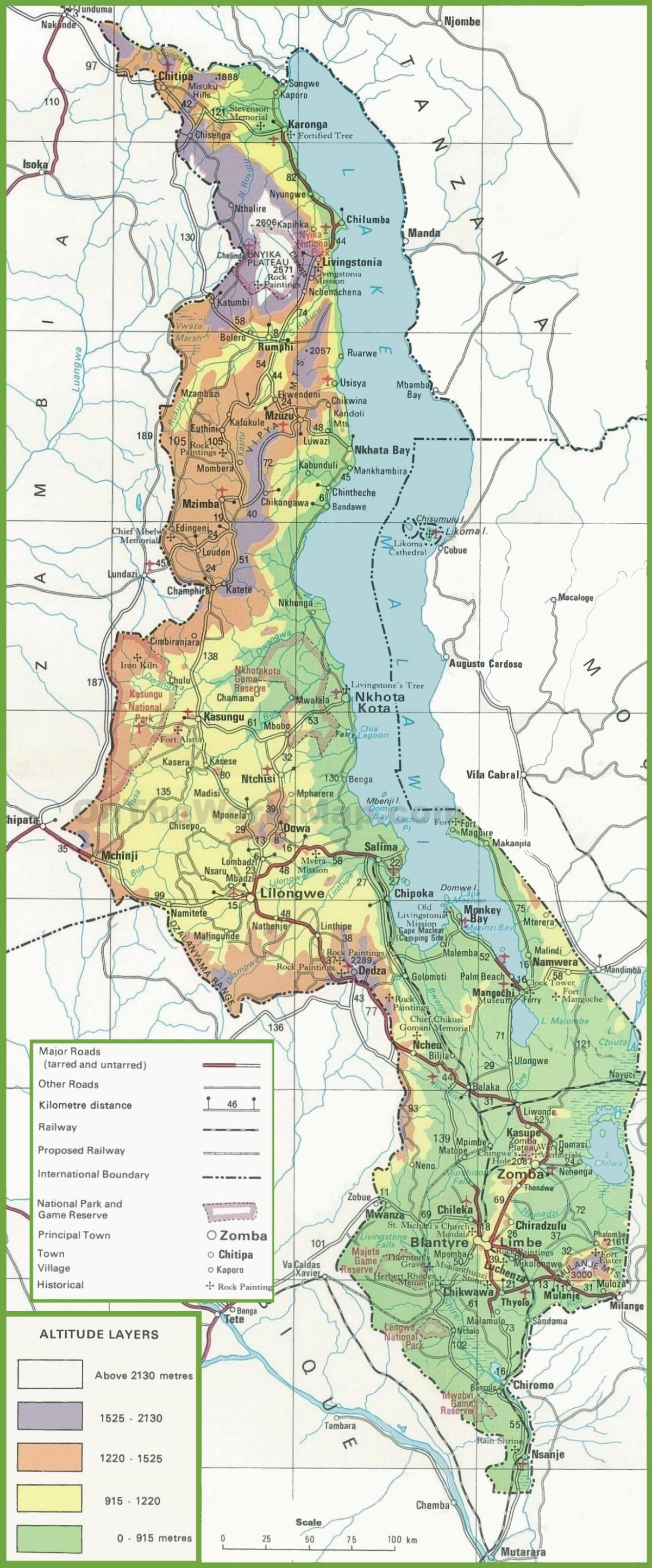 kaart van fysieke kaart van Malawi
