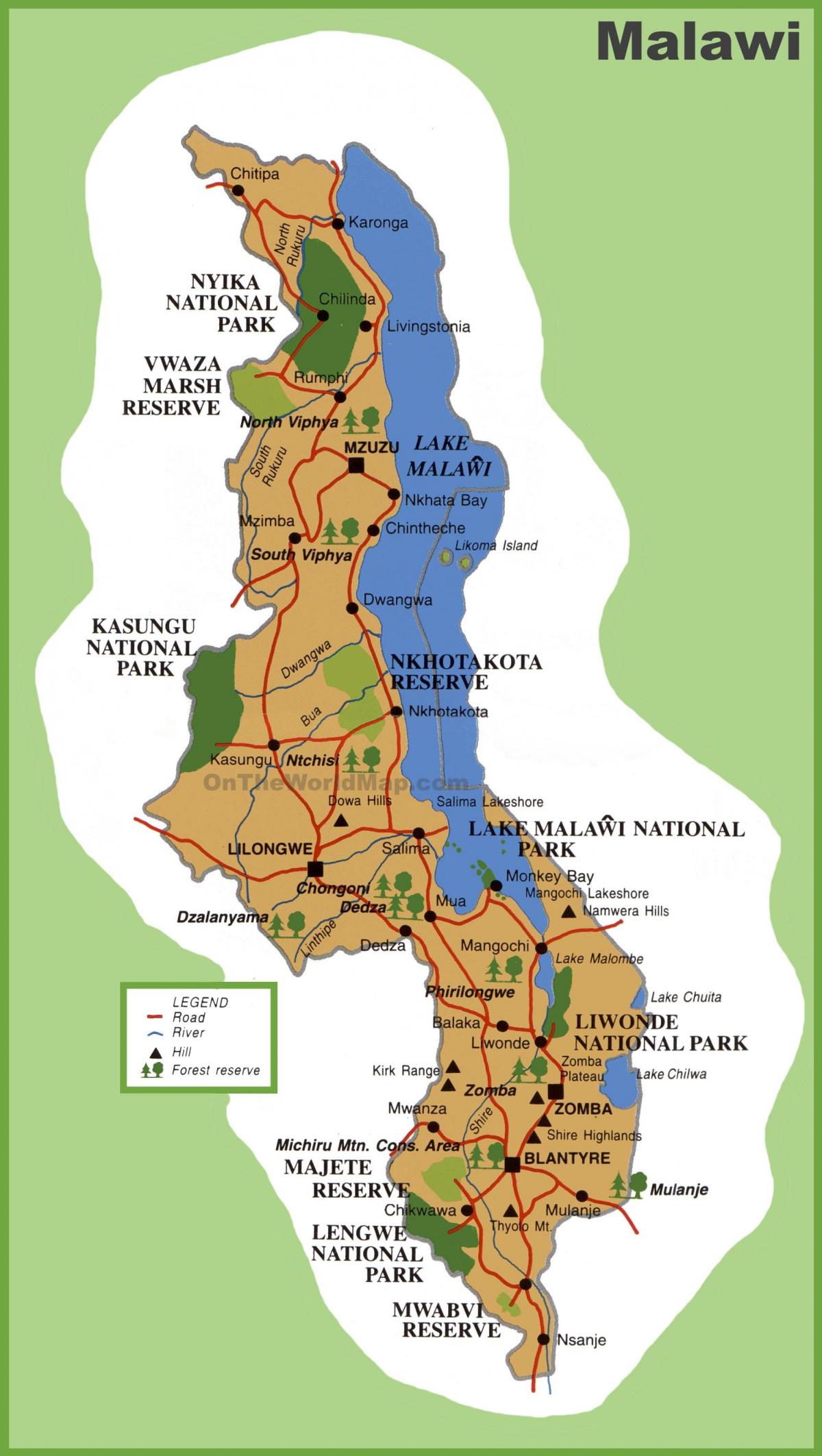 kaart van Malawi en de omliggende landen