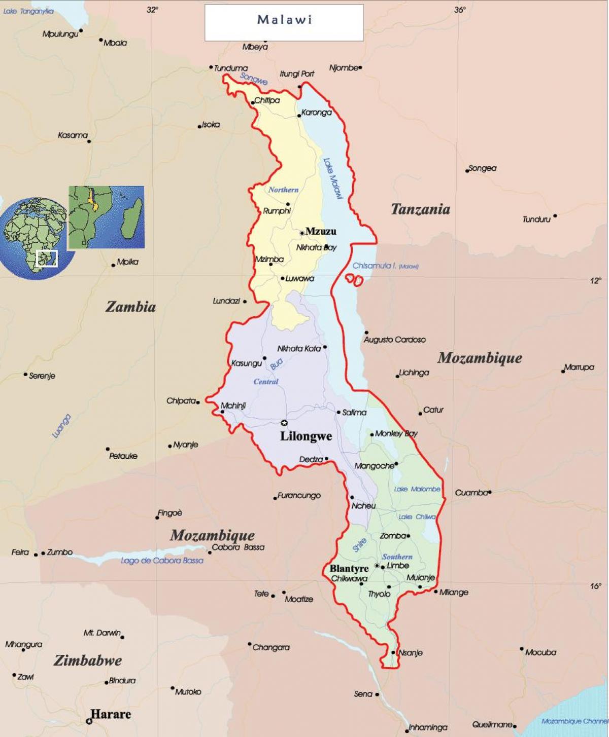 kaart van Malawi politieke