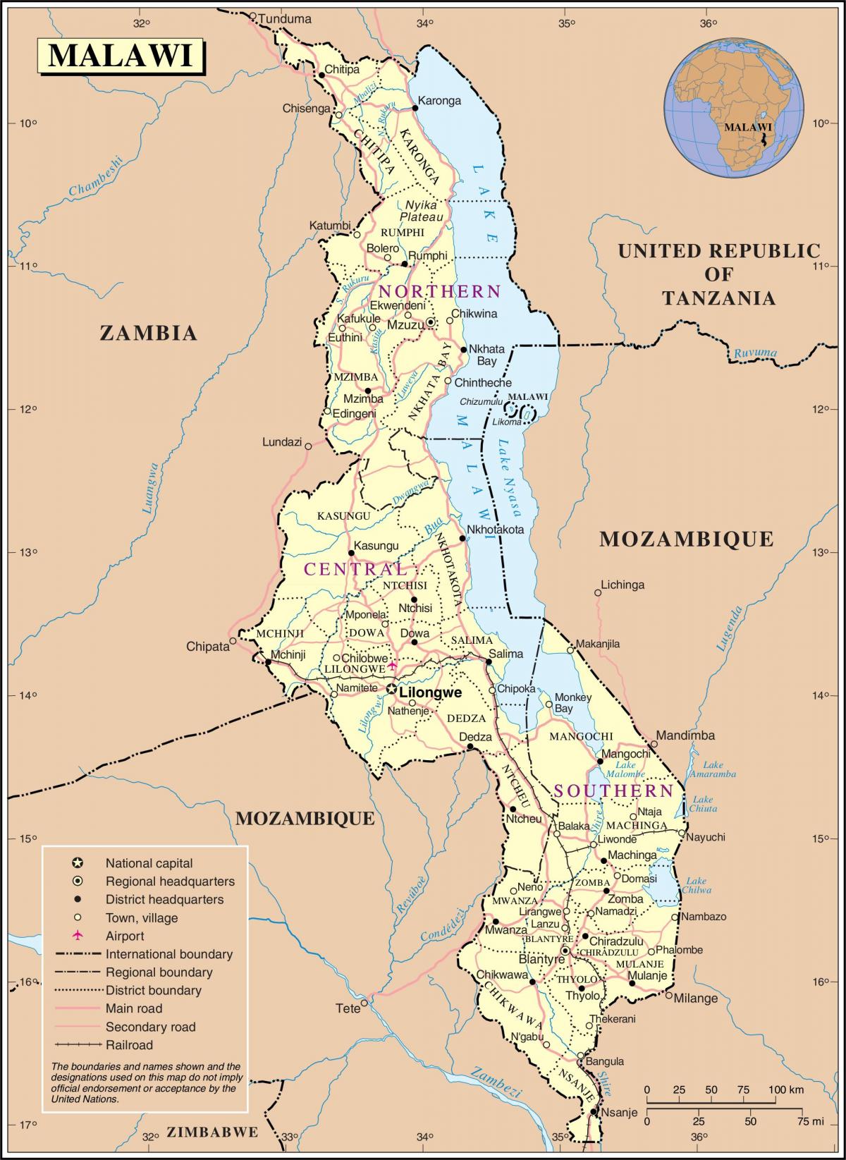 kaart van Malawi het tonen van wegen